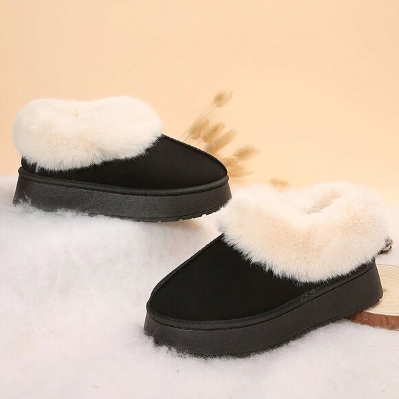 Black Casual Women's Thick Flat Suede Shearling Slippers - Picture 4 of 5